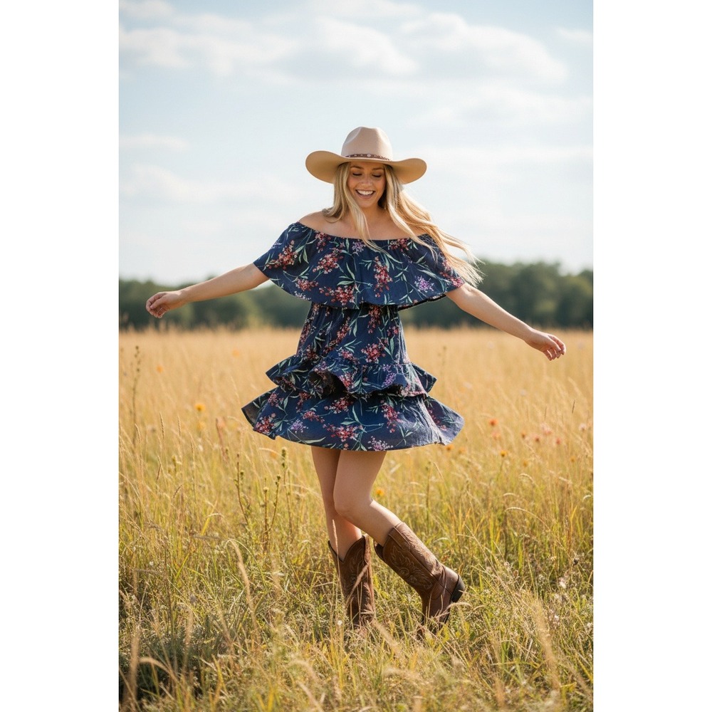 WAYF Navy Floral Off Shoulder Tiered Ruffle Mini Dress Large NWT Romantic Beachy